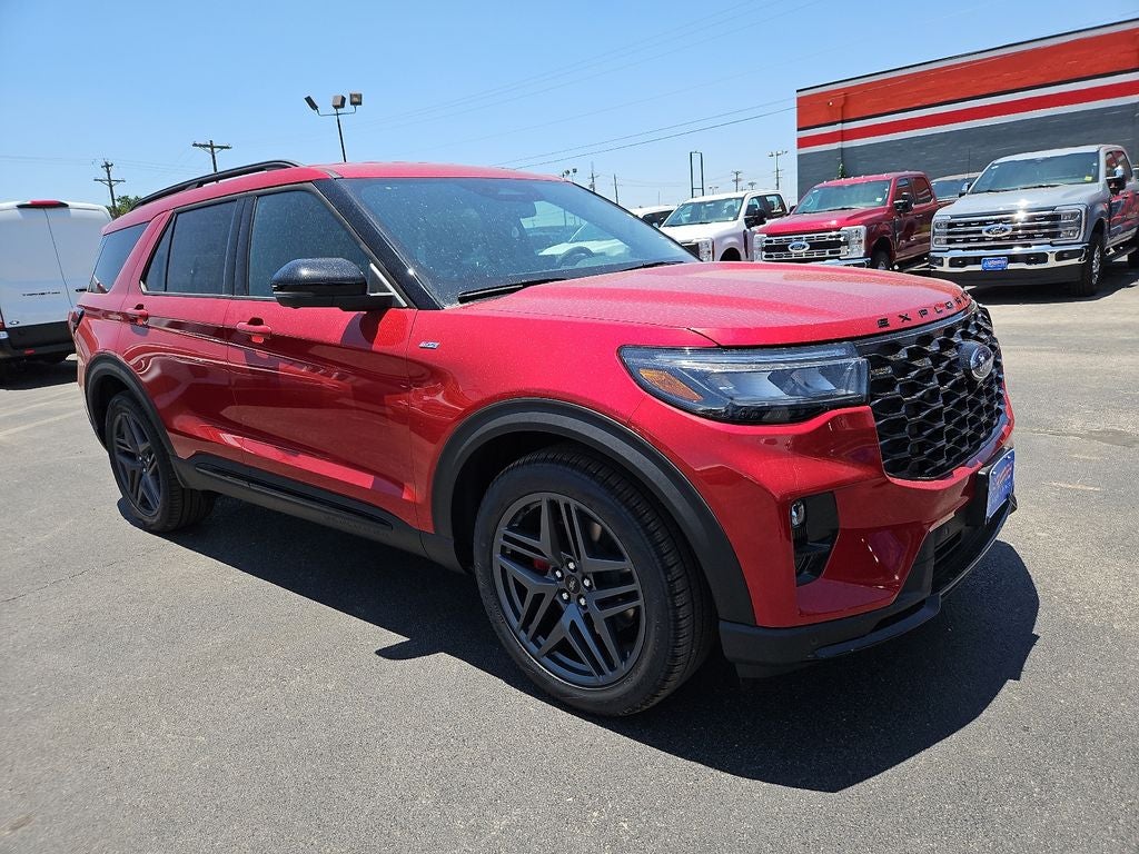 2026 Ford Explorer ST-Line in Rapid Red Metallic Tinted Clearcoat — front three-quarter view